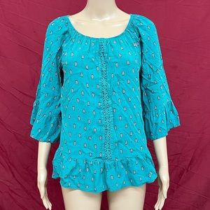 Blue Mood on/off shoulder crocheted bell sleeve peasant top size medium